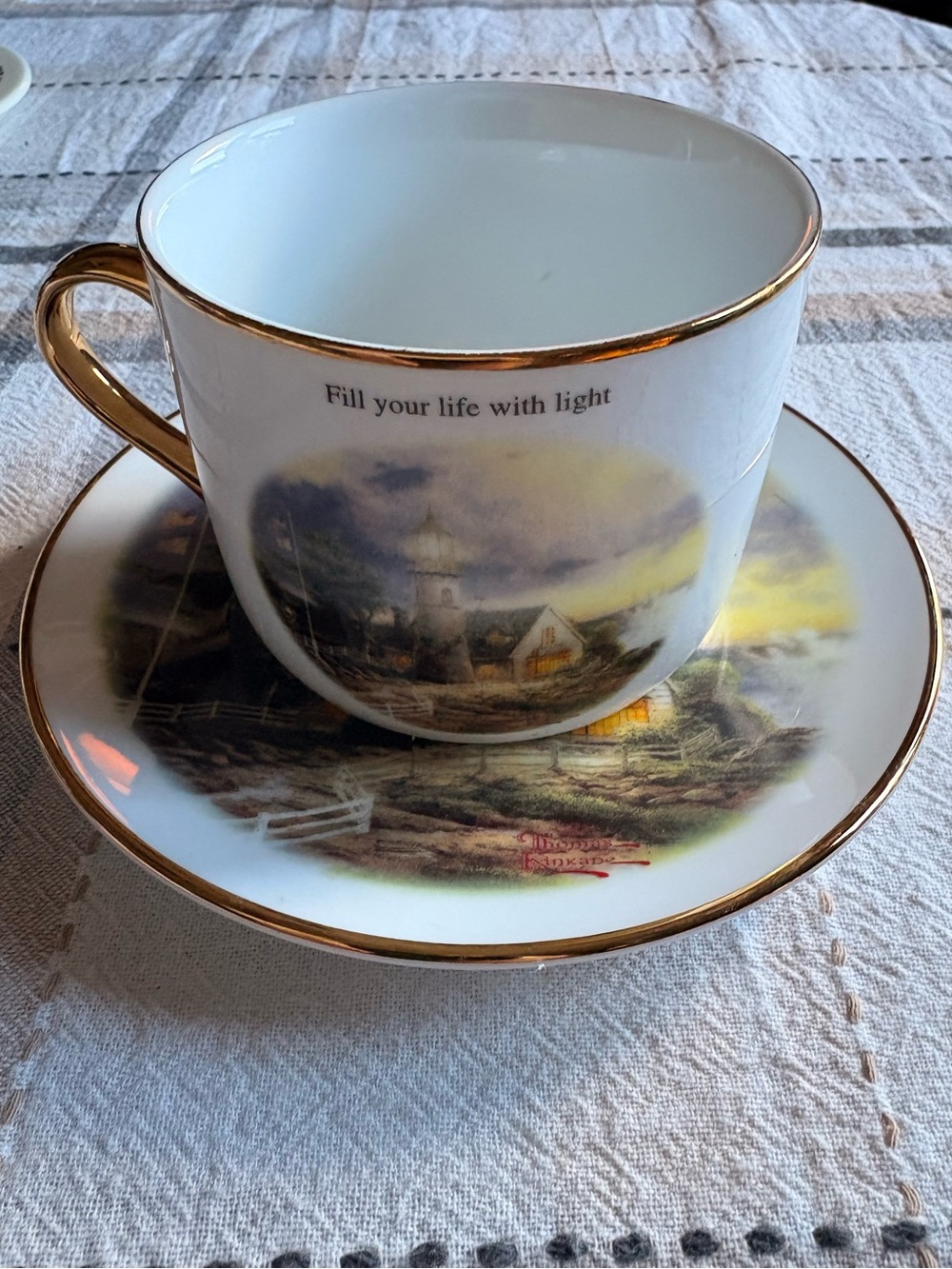 Thomas Kinkade Coffee Cup or Teacup & Saucer Lighthouse -Fill your life w light